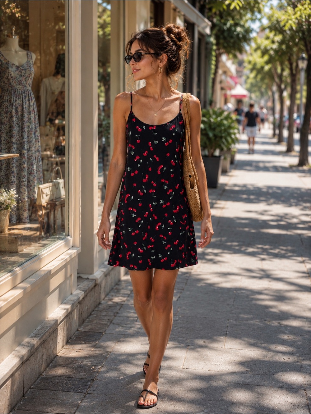 Cherry Print Mini Cami Dress - Black A-Line Slip Dress  SZ Coquette, French Girl